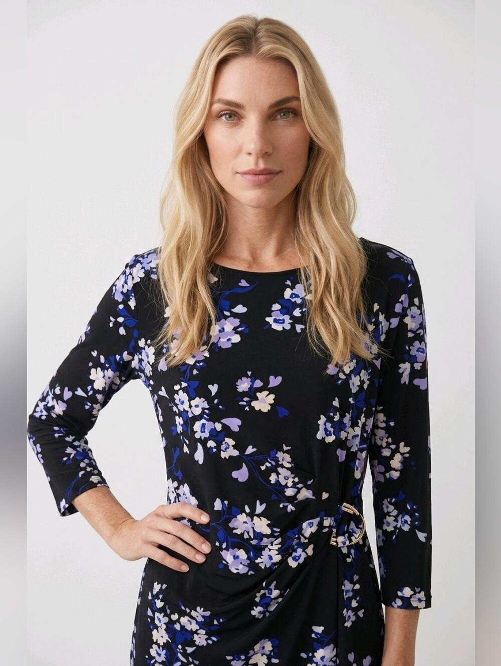 Liz Claiborne Black Career Blouse with Blue Floral Design